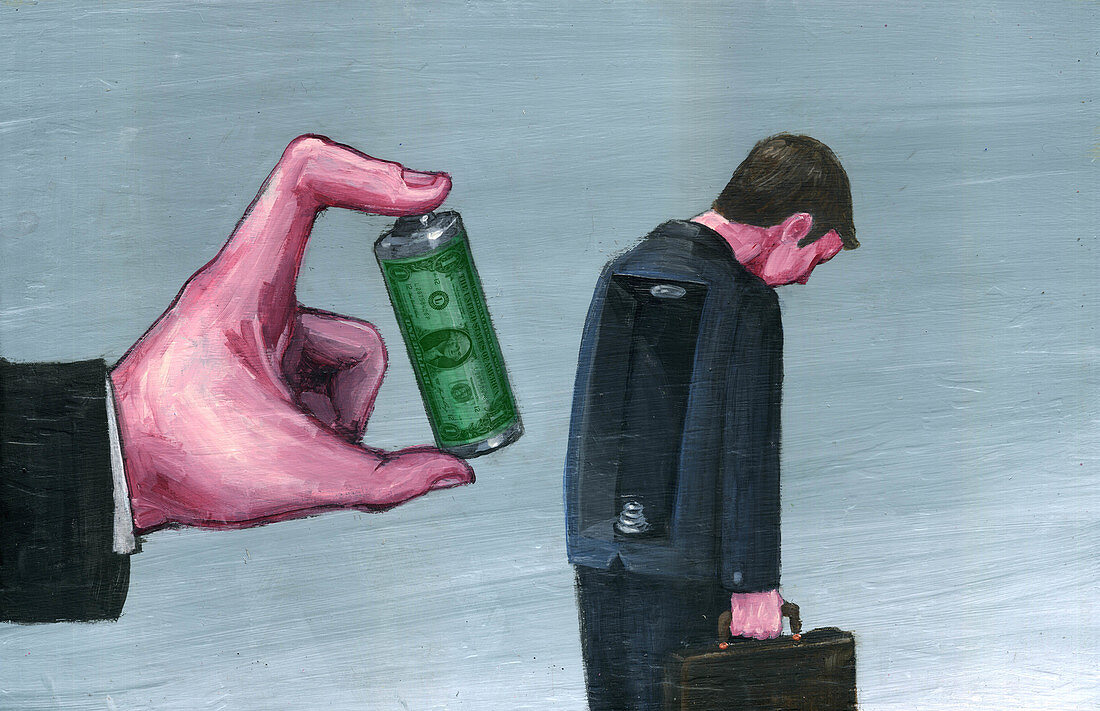 Illustration of hand holding battery with tired businessman