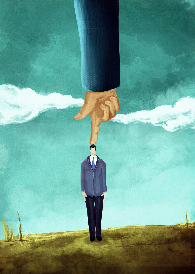 Illustration of hand pointing on businessman's head