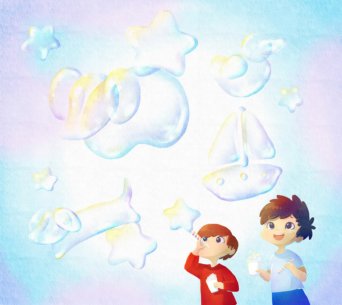 Illustration of happy children blowing bubbles outdoors
