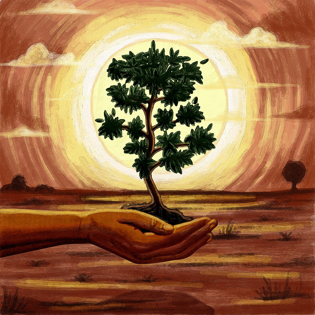 Illustration of human hand holding tree