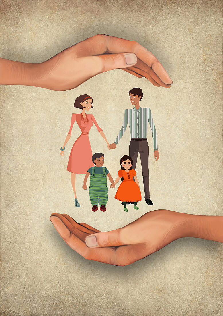 Illustration of human hands shielding family