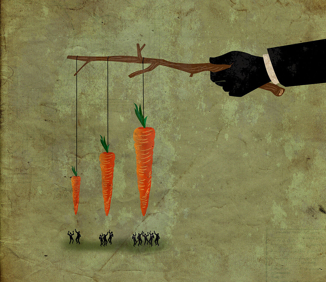 Illustration of business people jumping for carrot