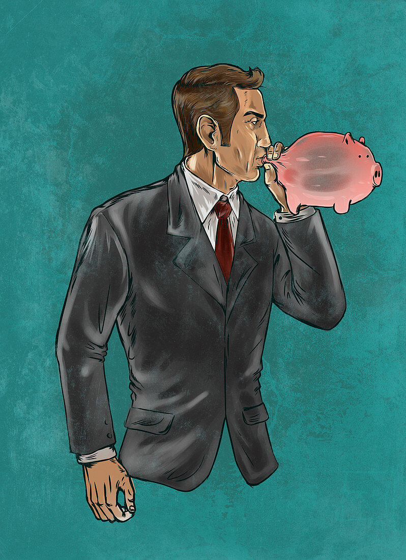 Illustration of businessman blowing piggybank