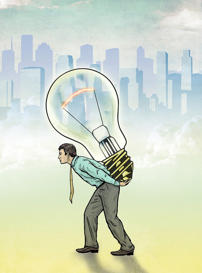 Illustration of businessman carrying light bulb