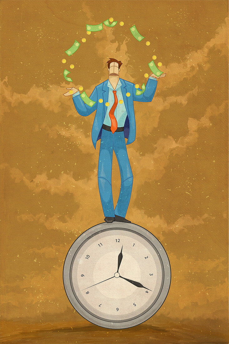 Illustration of businessman juggling money on top of clock