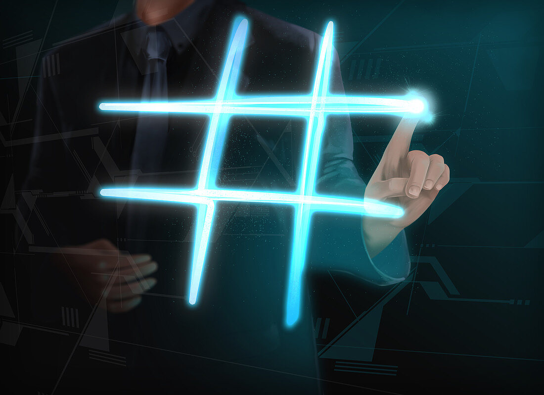 Illustration of businessman making glowing hashtag