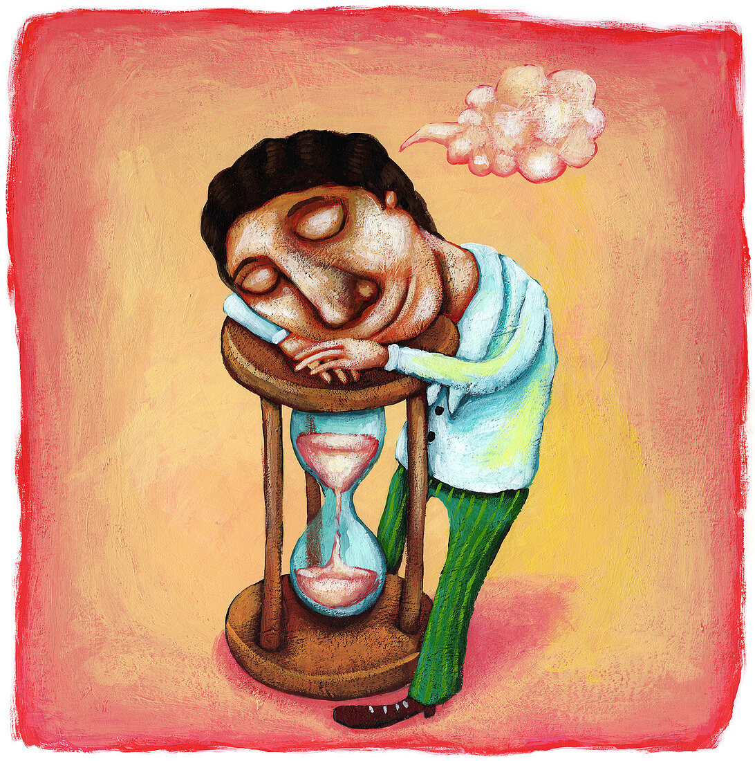 Illustration of businessman sleeping on hourglass