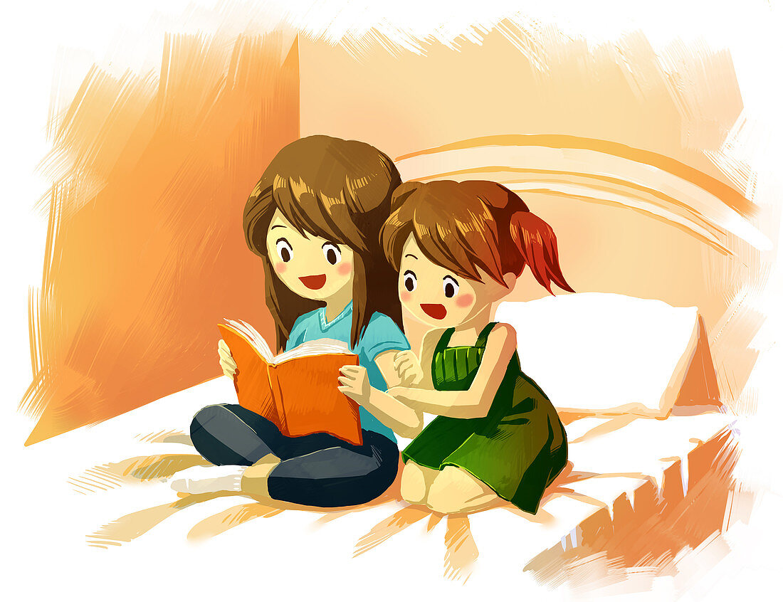 Illustration of sisters reading storybook together on bed