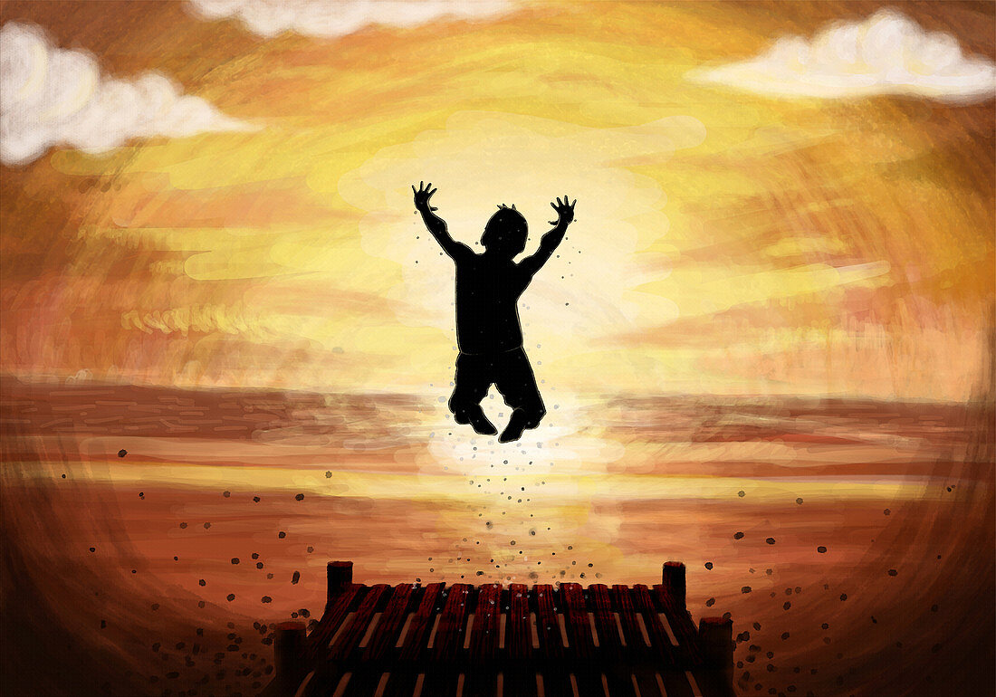 Illustration of teenage boy jumping in lake at sunset