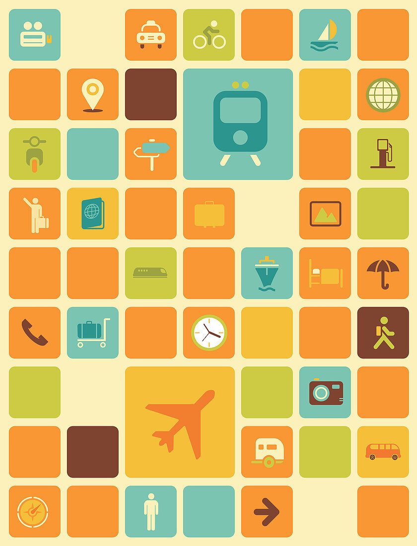 Illustration of travel icons over coloured background