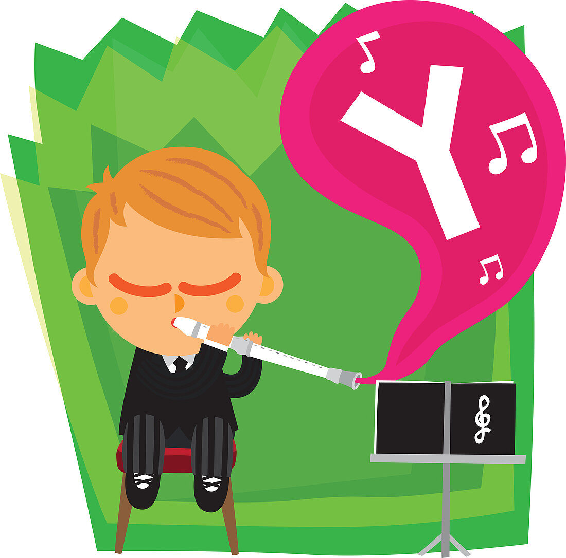 Illustration of letter Y coming out from flute played by boy