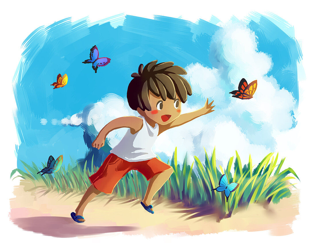 Illustration of little boy chasing butterflies