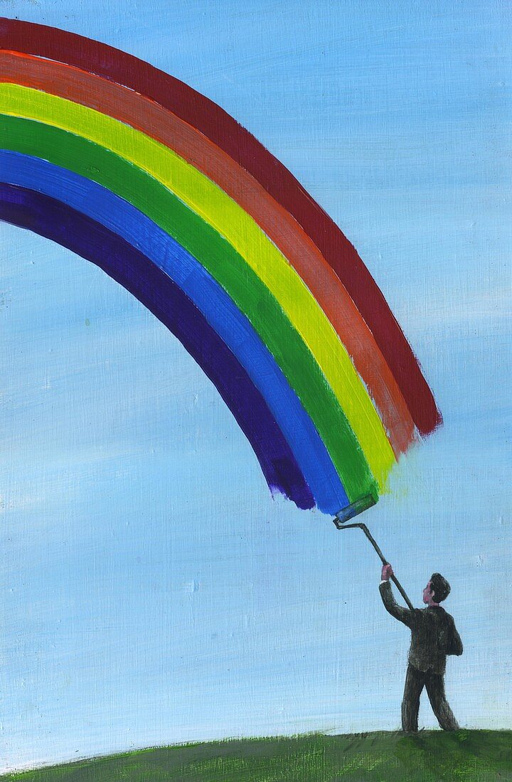 Illustration of man drawing rainbow in sky