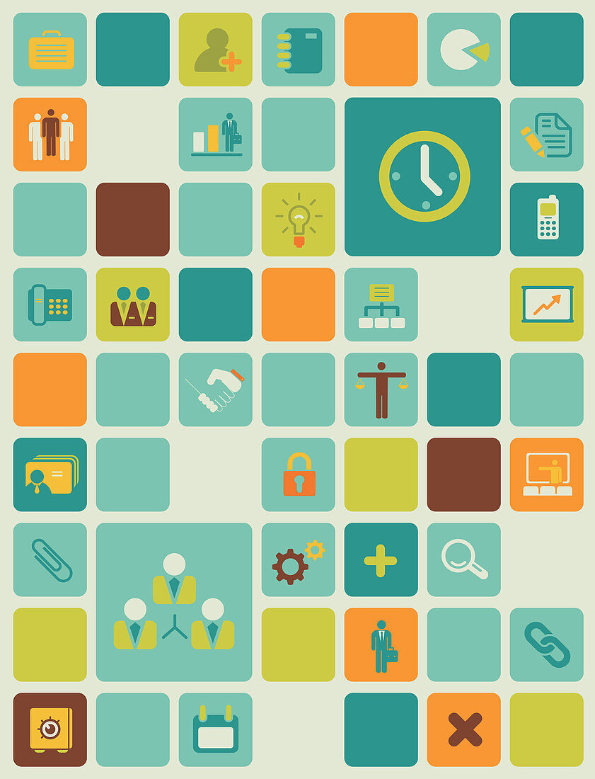 Illustration of management icons over coloured background