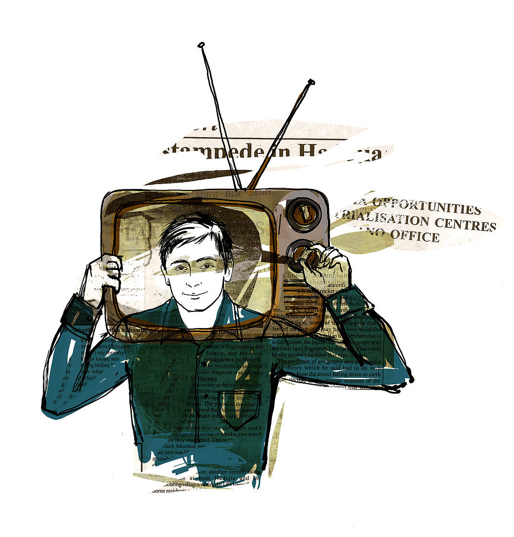 Illustration of news reader with head in television