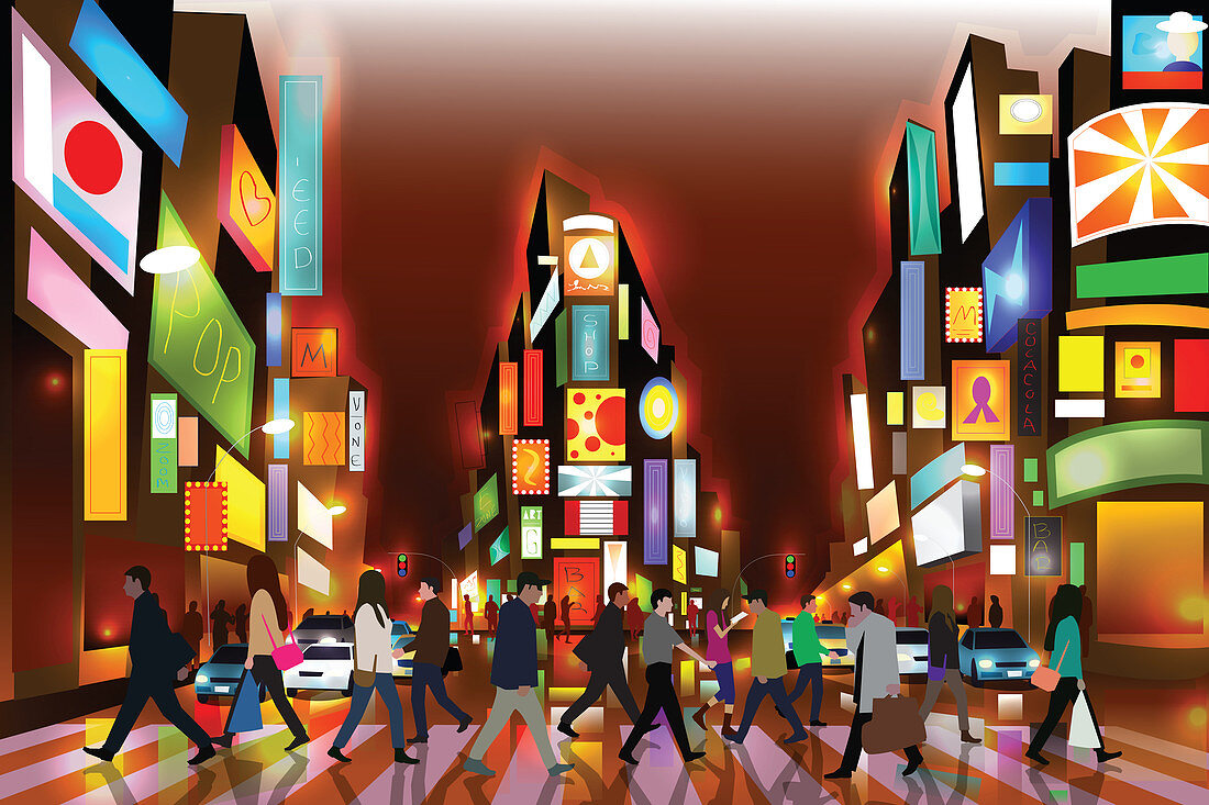 Illustration of people in Times Square, New York City