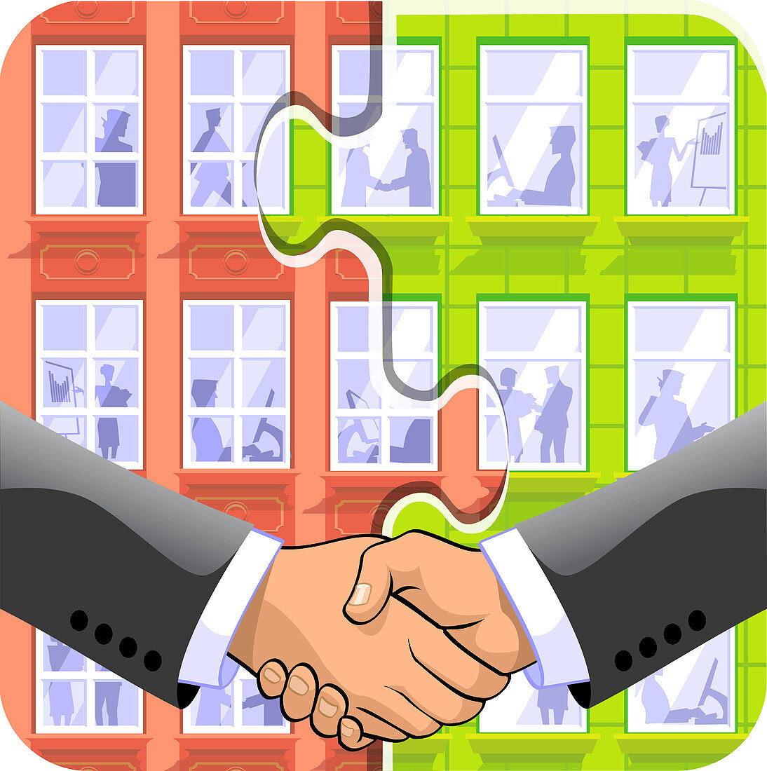 Two businessmen shaking hands, illustration