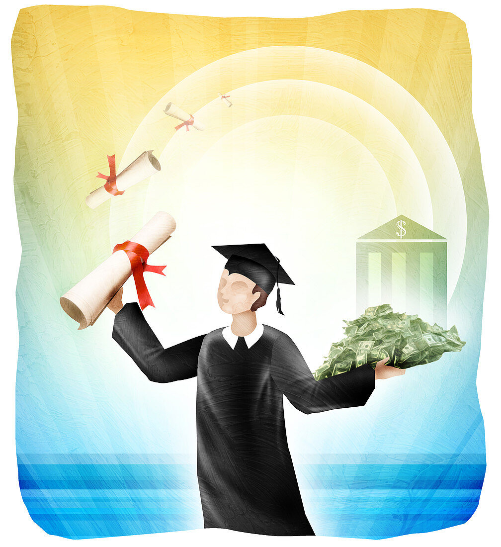 University student holding diploma and money, illustration