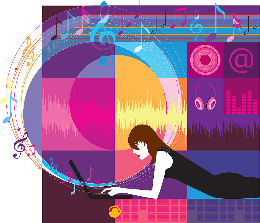 Woman downloading music, illustration