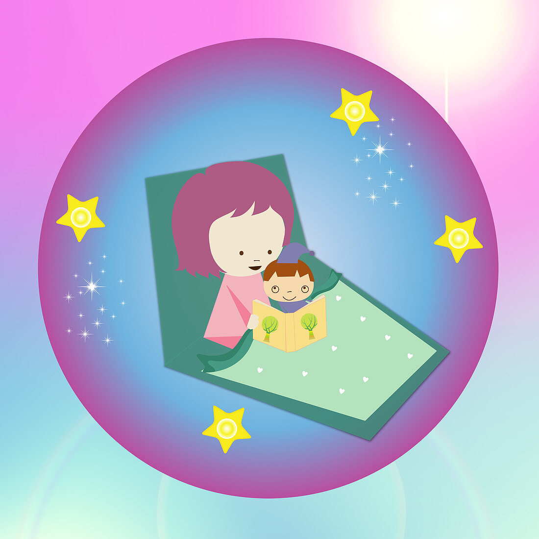 Woman reading bedtime story to her son in bed, illustration