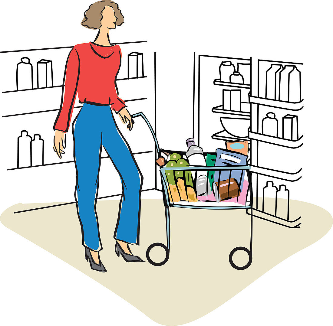 Woman shopping in a supermarket, illustration