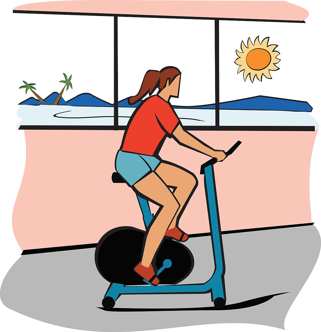 Woman using an exercise bike, illustration