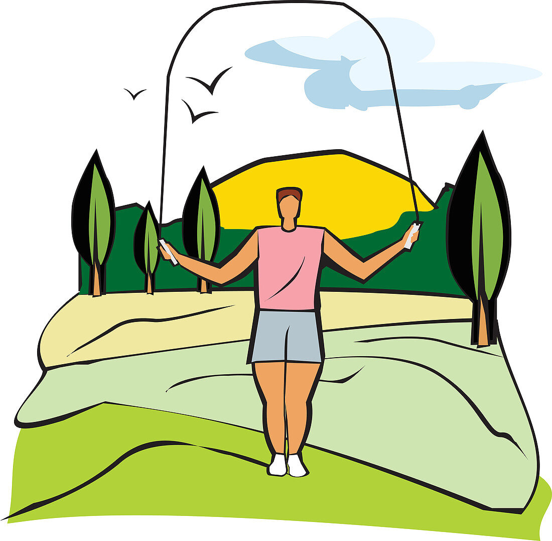 Woman using skipping rope outdoors, illustration