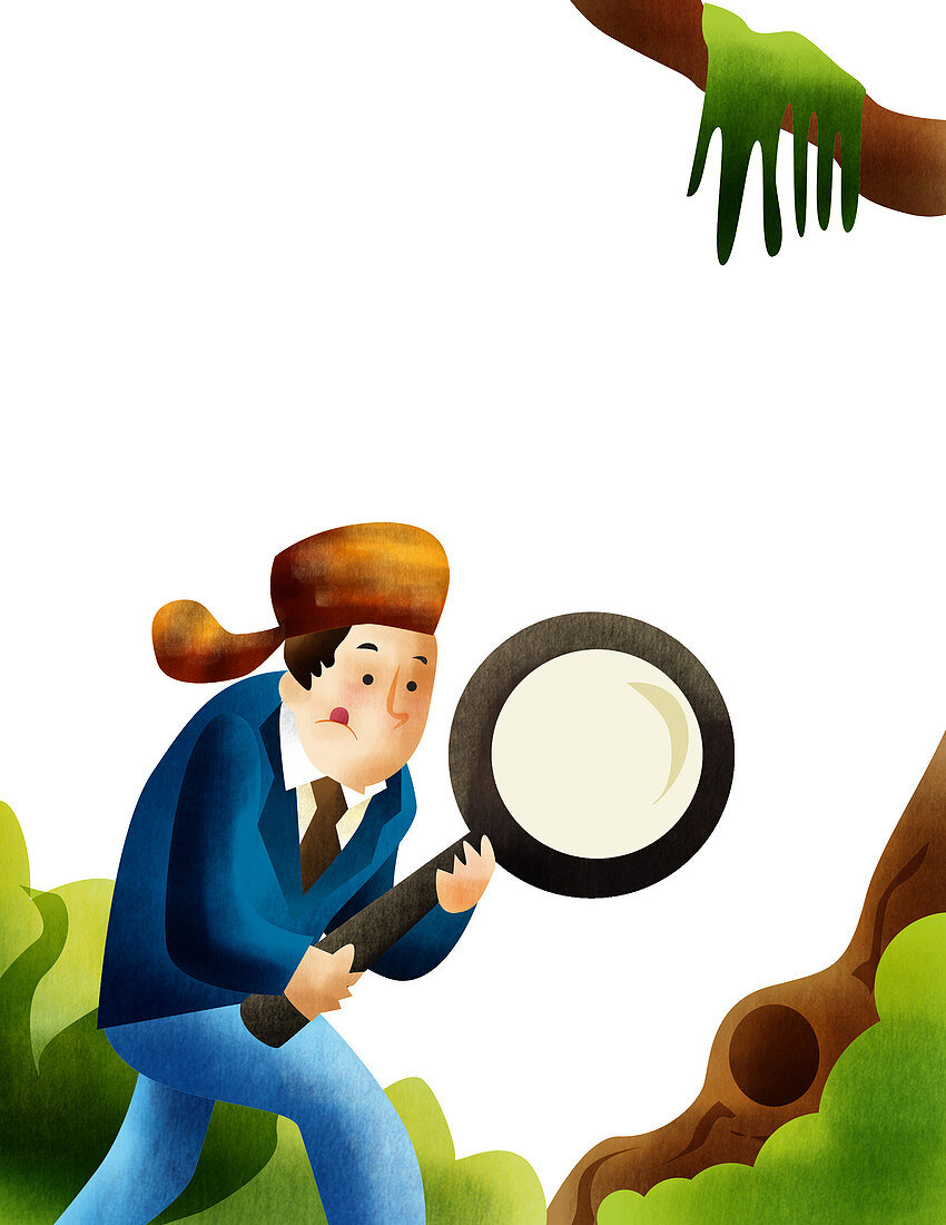Man on a job hunt with a magnifying glass, illustration