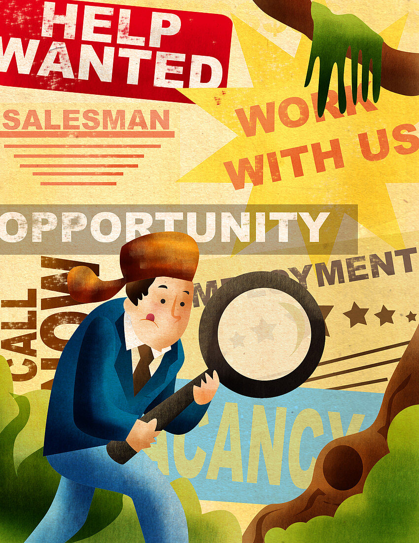 Man searching for job with magnifying glass, illustration