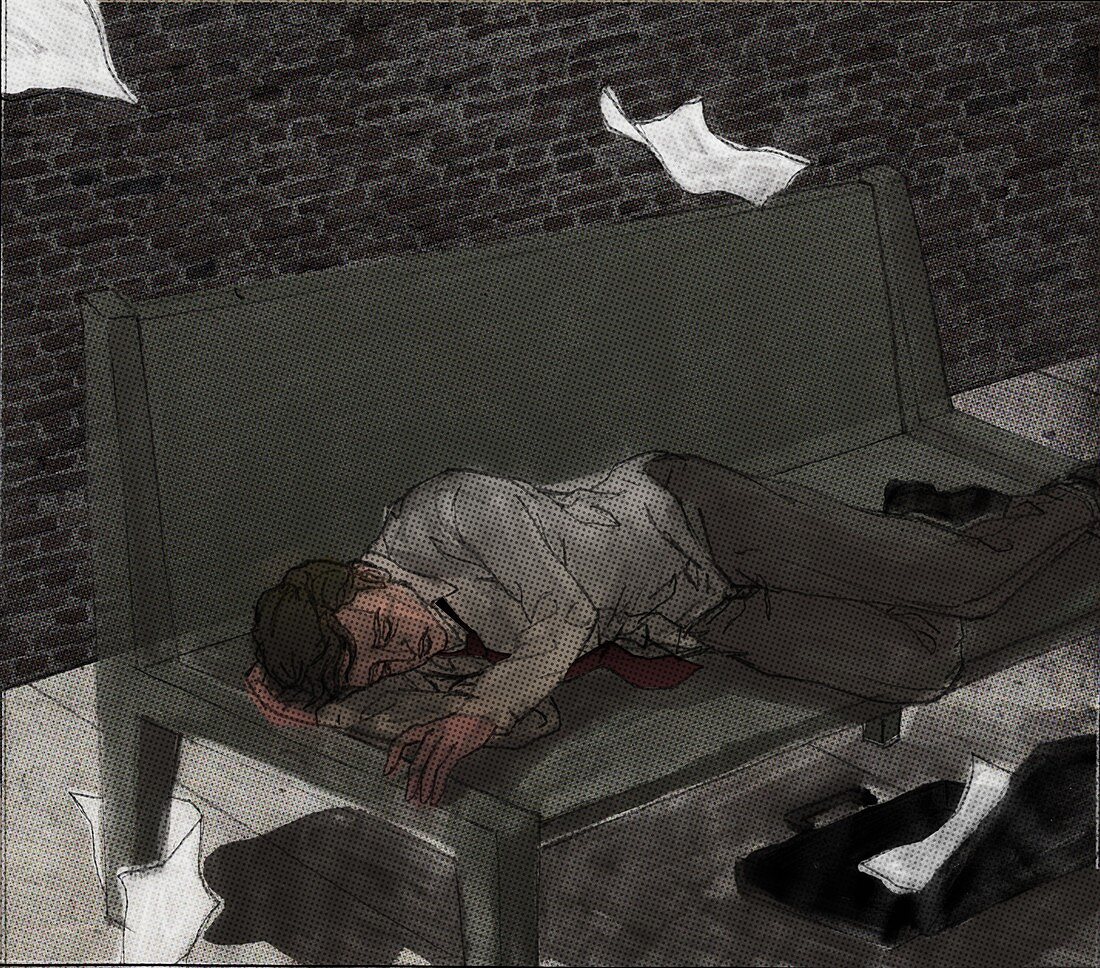 Man sleeping on bench depicting unemployment, illustration