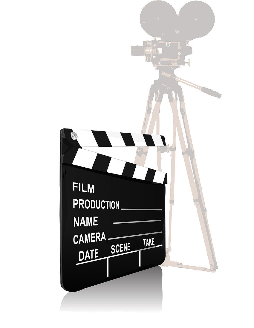 Movie camera with a film slate, illustration