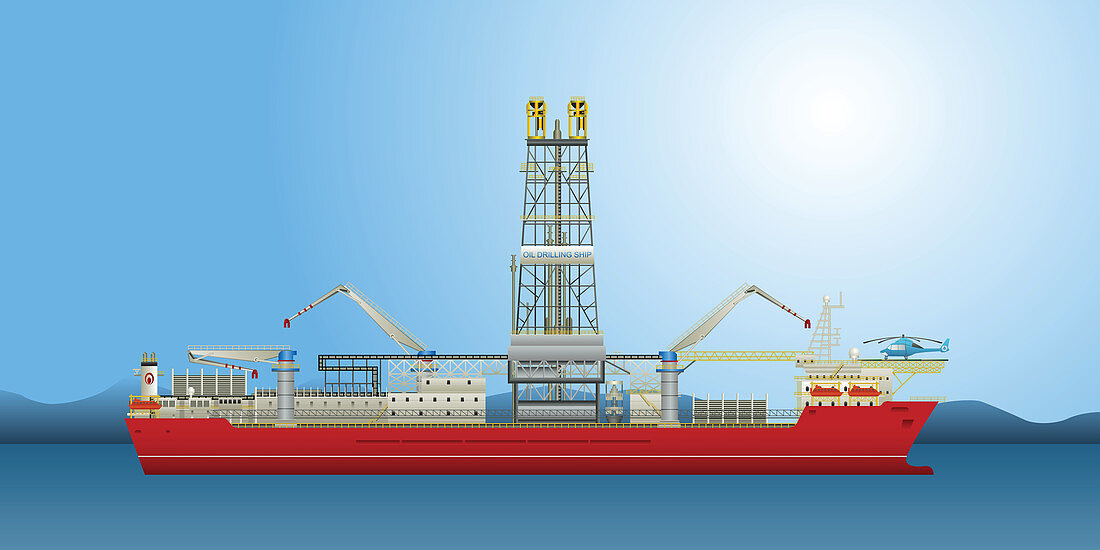 Oil well drilling ship, illustration