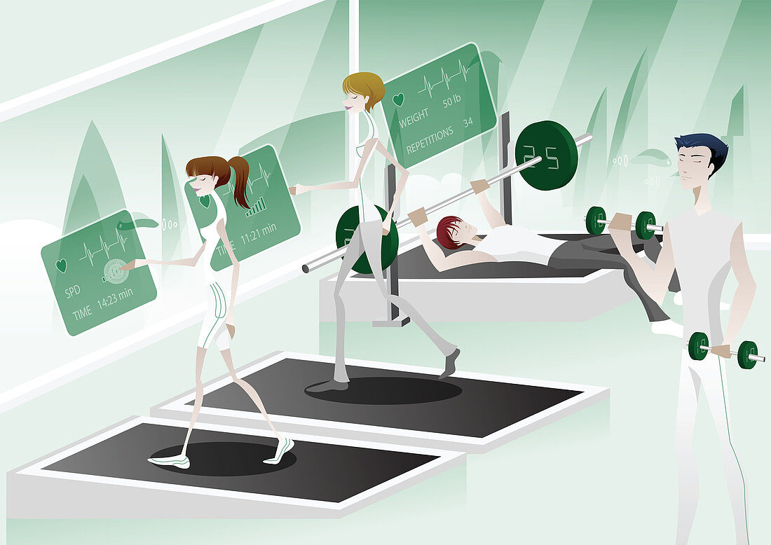 People workout in a hi-tech gym, illustration