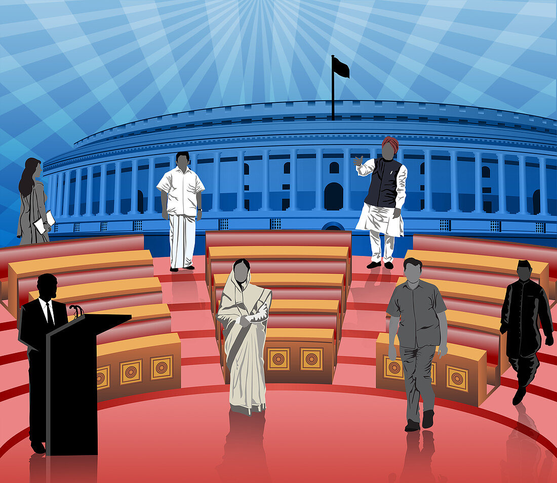 Politicians in front of parliament, illustration