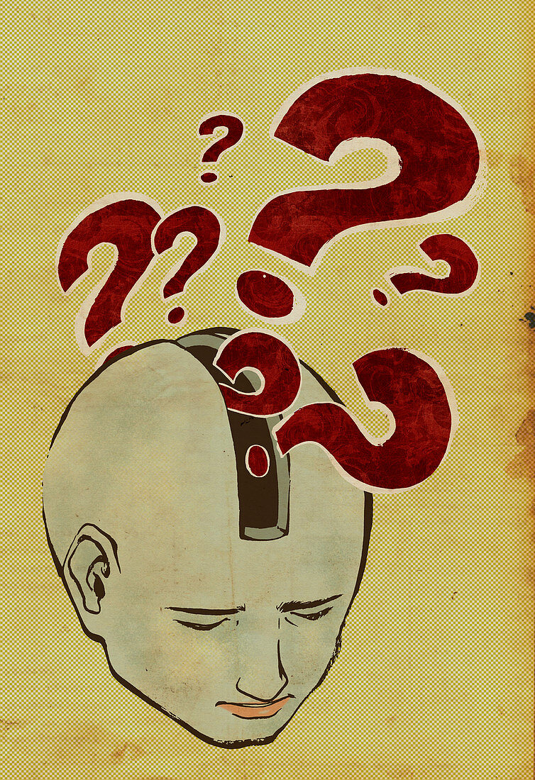 Question marks emerging from a person's head, illustration