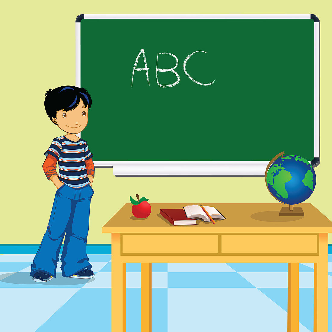 Schoolboy standing in a classroom, illustration