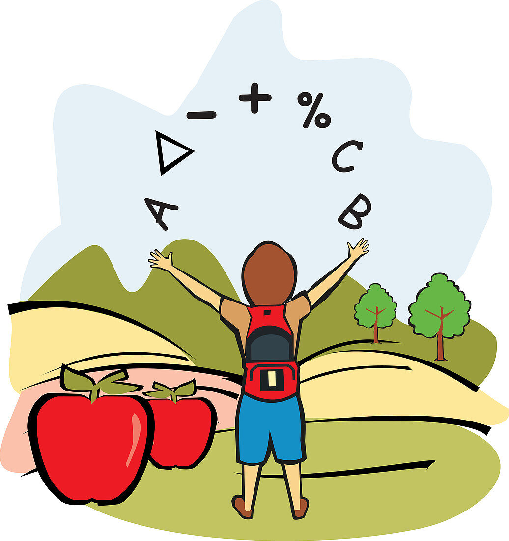 Schoolboy standing in a field, illustration