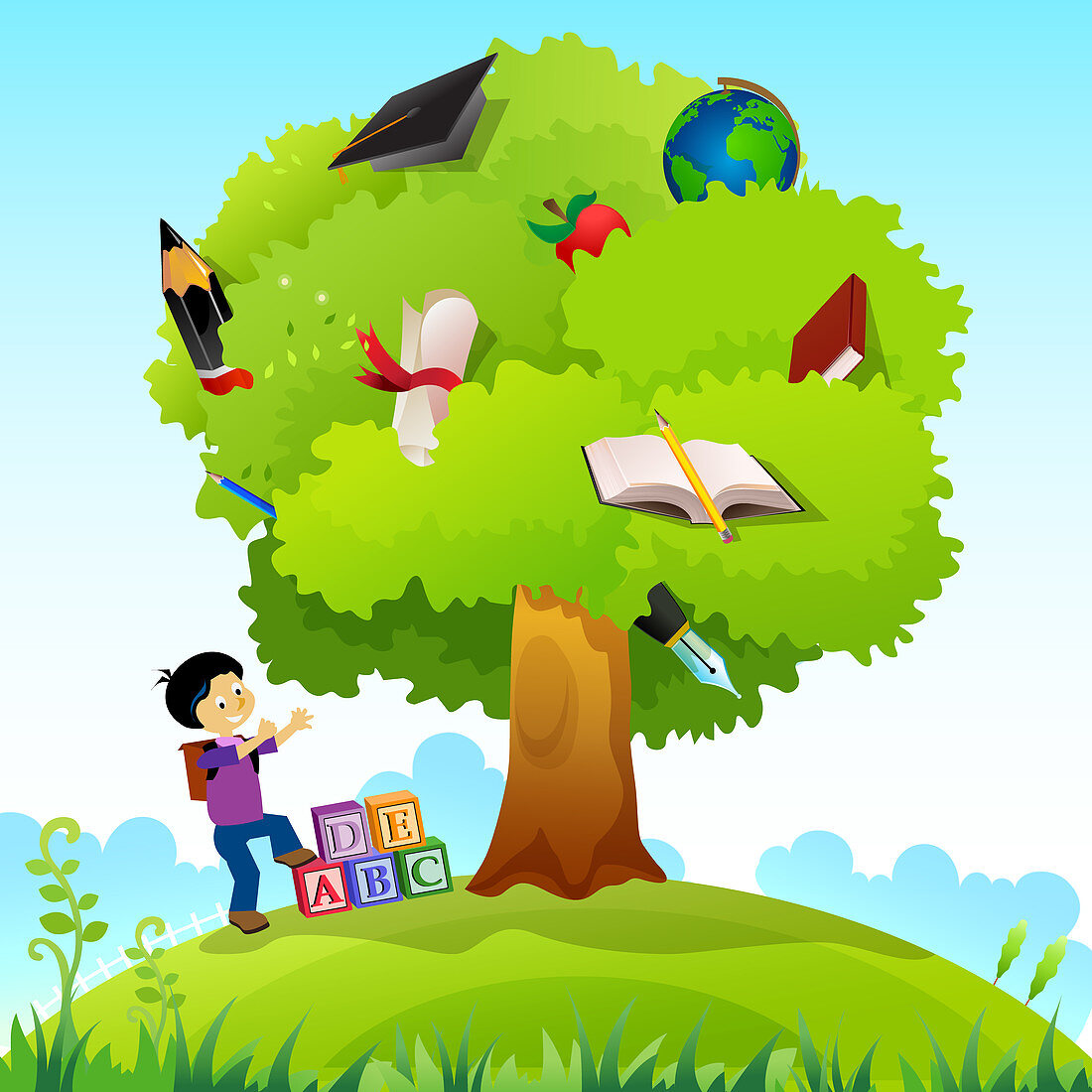 Schoolboy standing near a knowledge tree, illustration