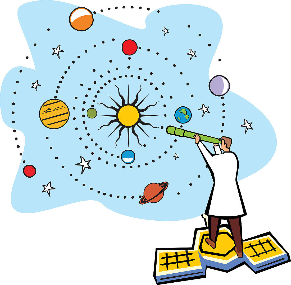 Scientist standing on a satellite, illustration