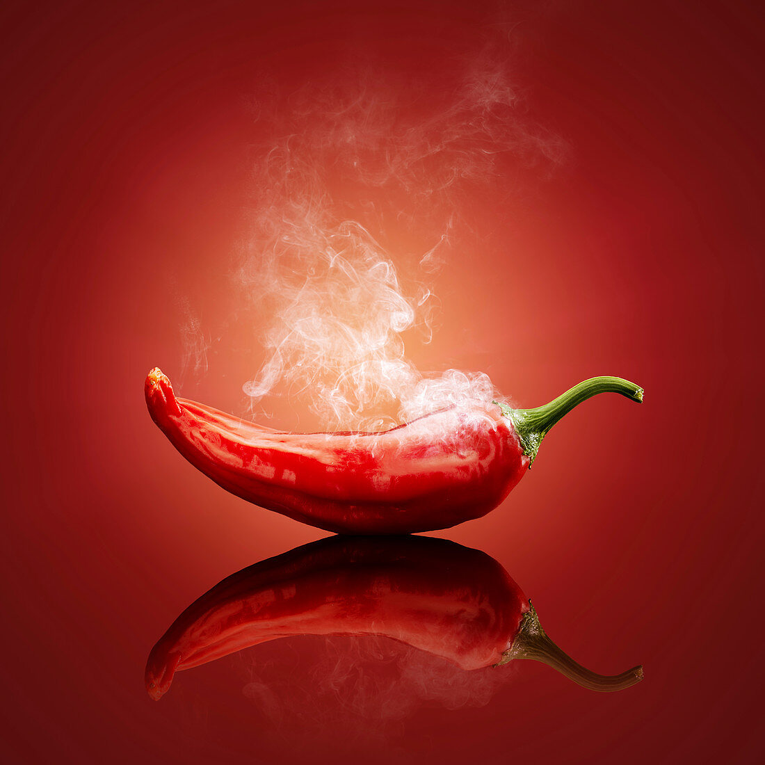 Red chilli with smoke against red background