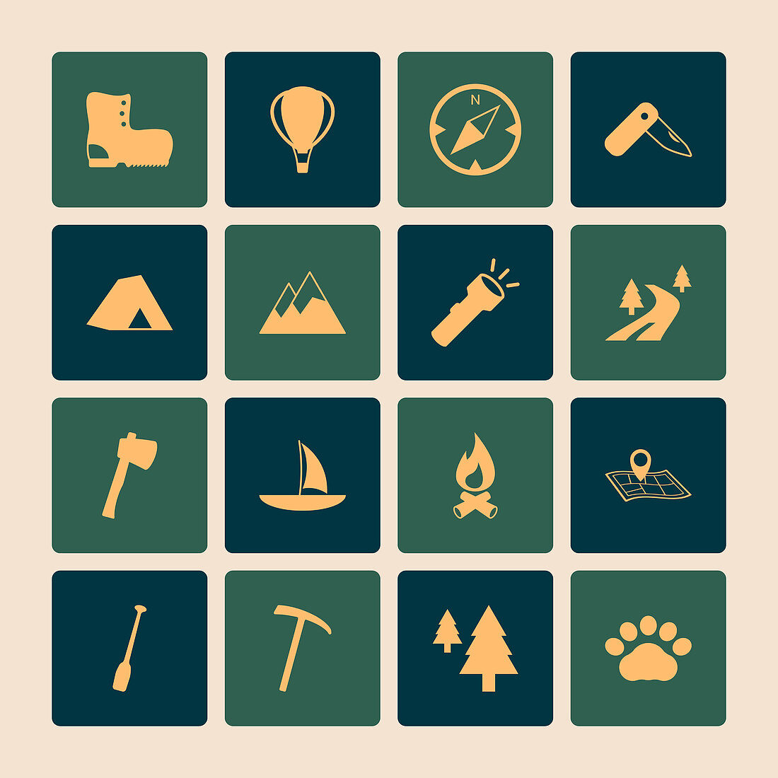 Outdoors tourism camping icons of road mountain tree and nat