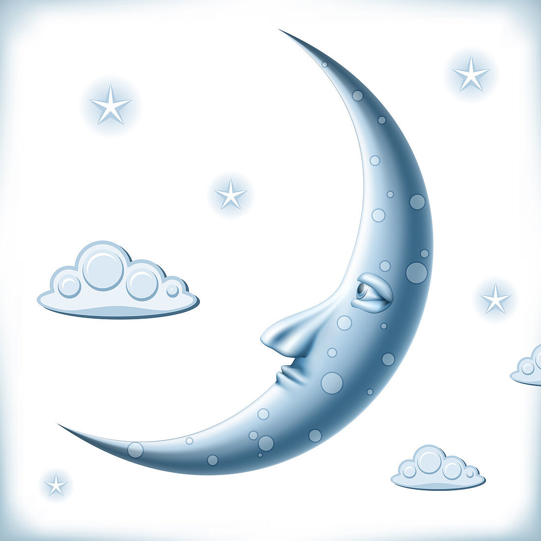 Moon with clouds and stars, illustration