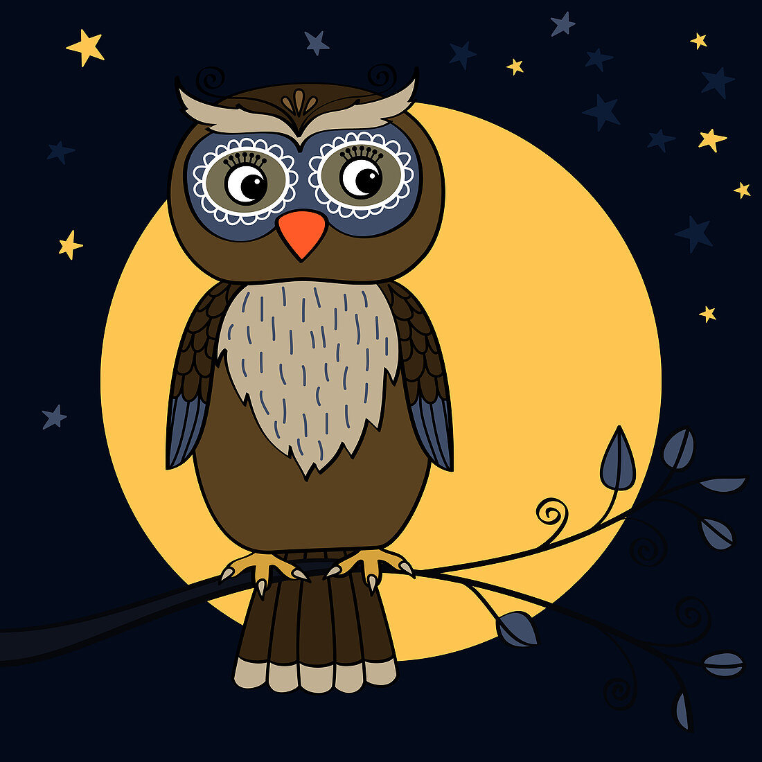 Owl on tree branch at night, illustration