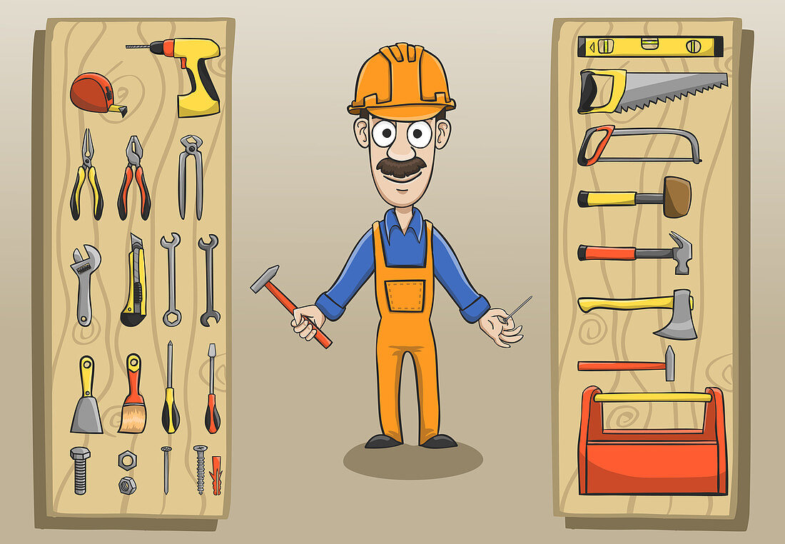 Construction worker and tools, illustration