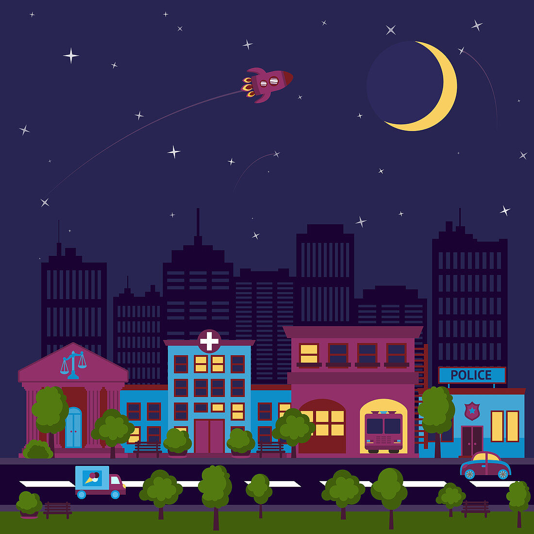 City street at night, illustration