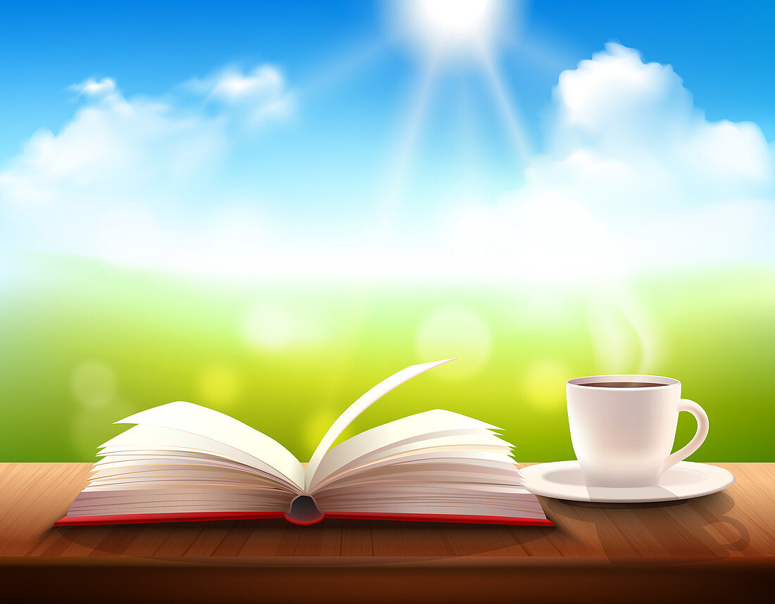 Open book and coffee cup, illustration