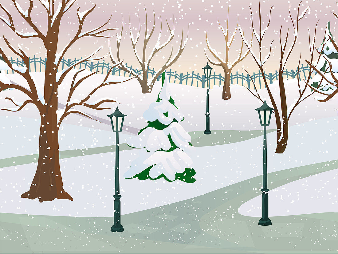 Park in winter, illustration