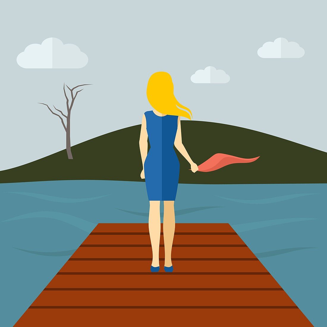 Woman on lake pier, illustration