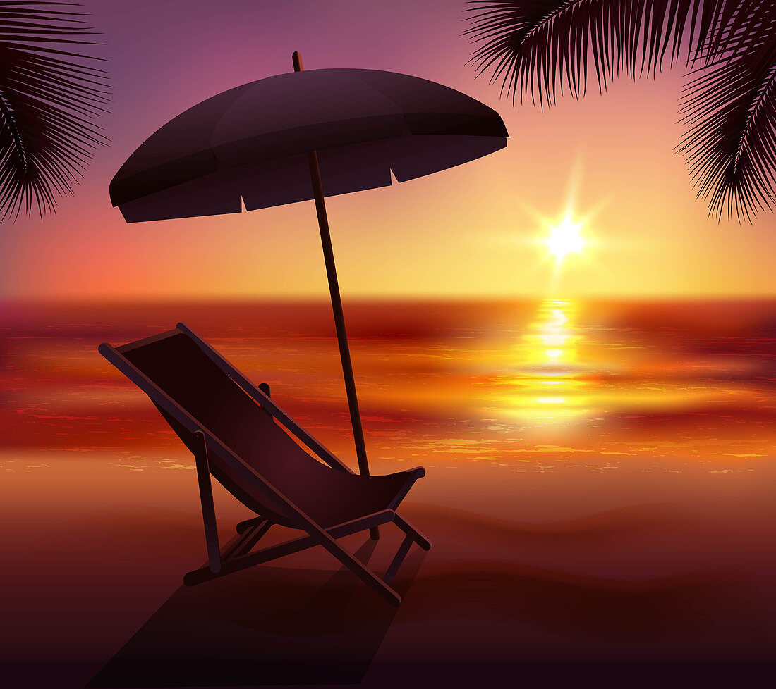 Tropical beach at sunset, illustration