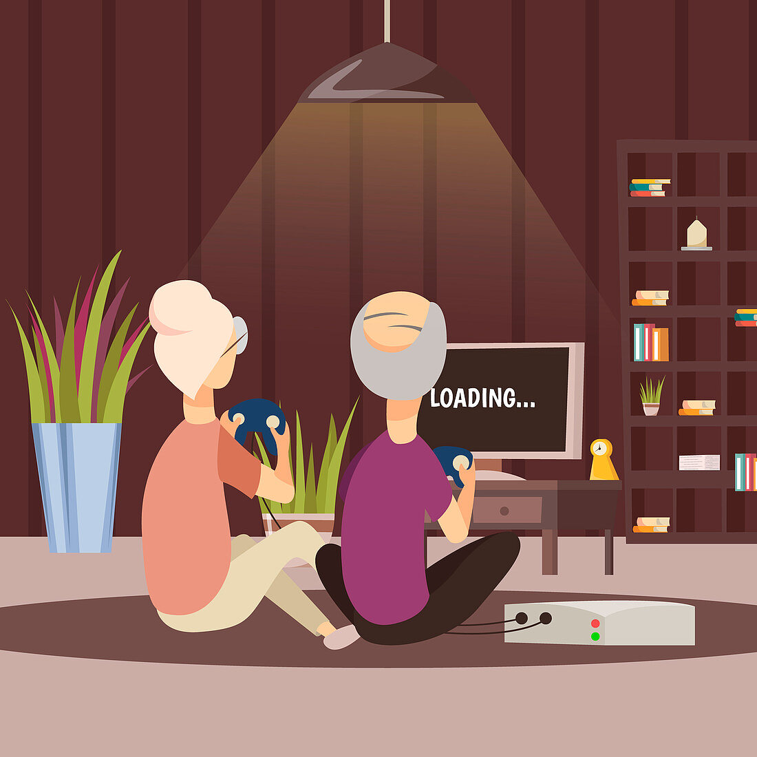 Senior couple playing video game, illustration